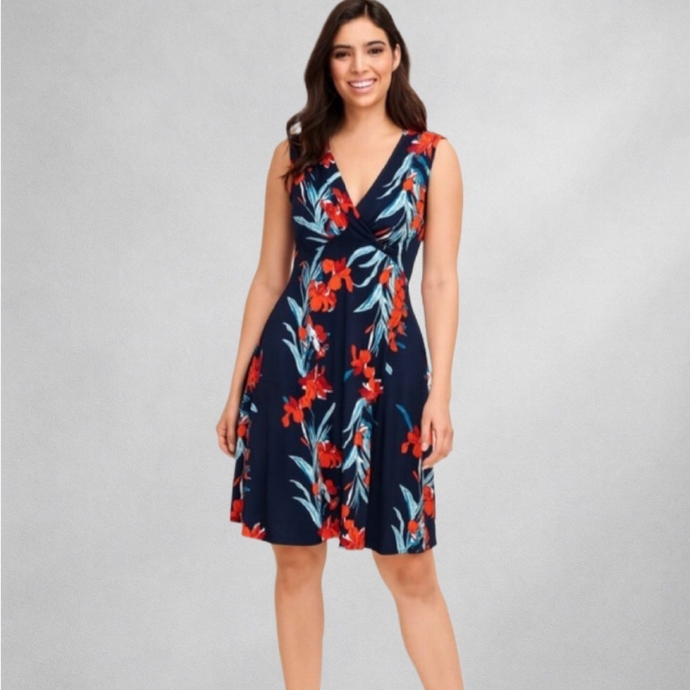 Lauren Ralph Lauren Dress 4 Sleeveless Floral Navy Blue Red Orange Stretchy
